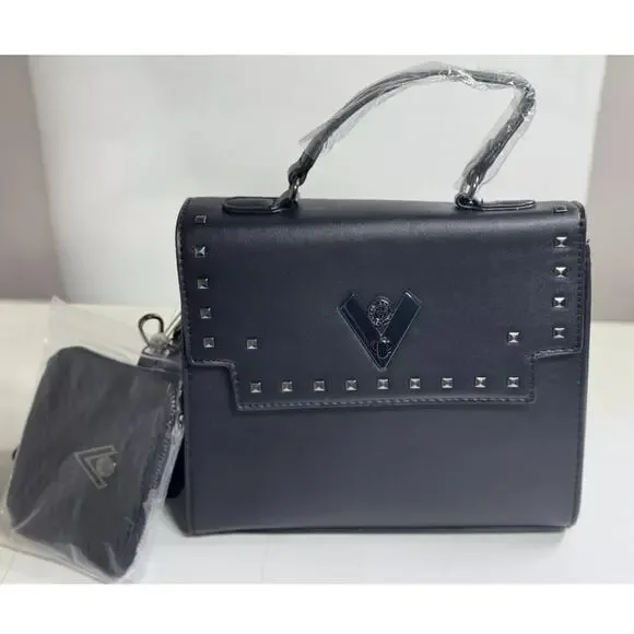 NEW ORLANDI VALENTINO Black Gunmetal Silver Stud Studded Crossbody Bag Purse - Picture 10 of 15